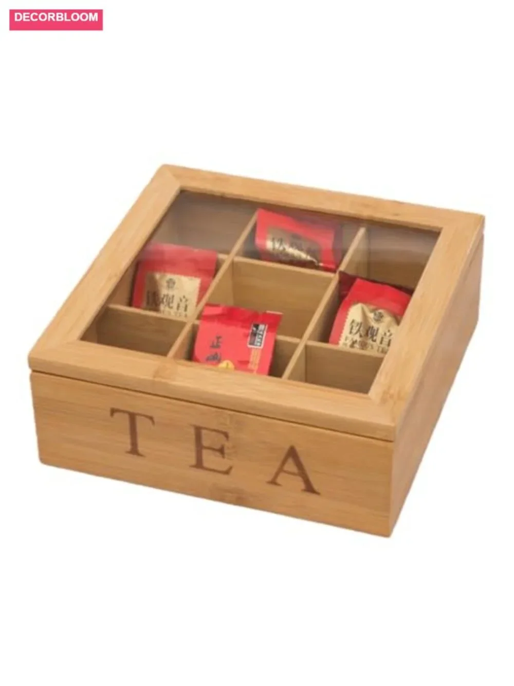 Bamboo Tea Box Organizer with 9 Compartments and Glass Lid for Home Office